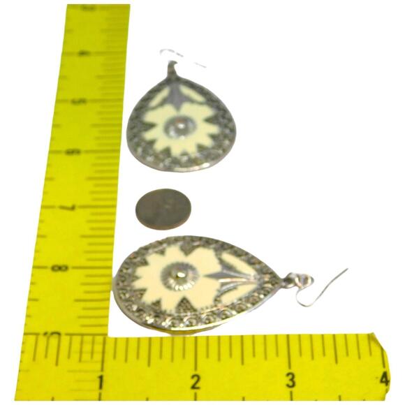 Pierced Earrings Engraved Mandala Silver Cream Color Tone Statement 2" Round - Picture 3 of 5